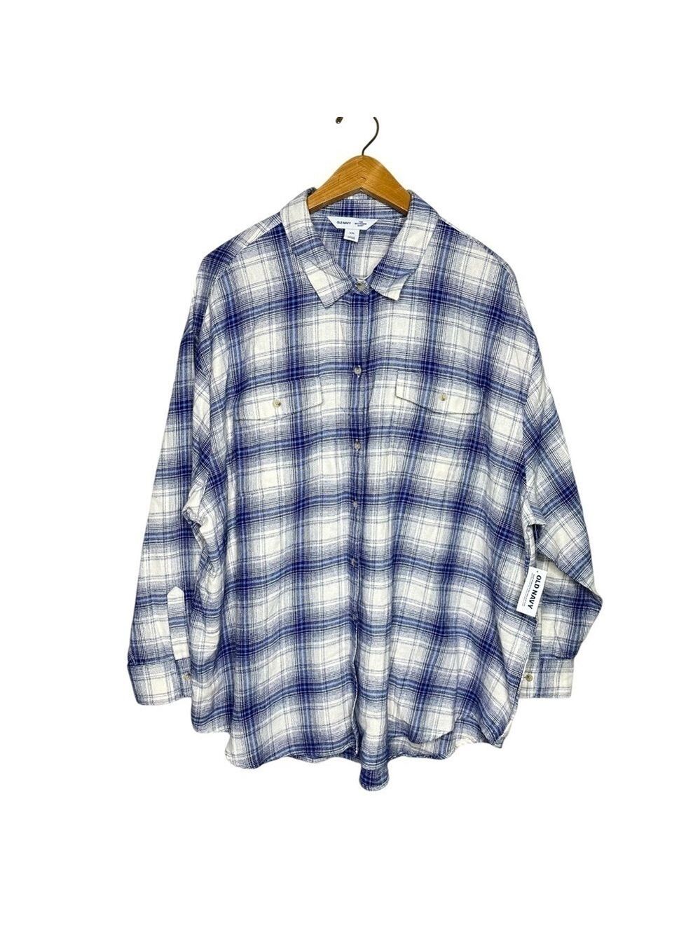 Old Navy The Boyfriend Shirt Plaid Long Sleeve Blue &‎ White Womens Size XXL